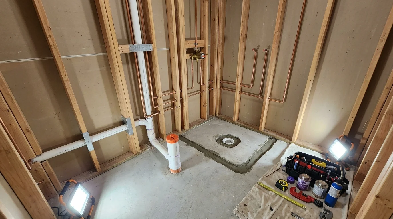 Bathroom rough-in plumbing during remodel by Johns Plumbing LLC in Ellensburg