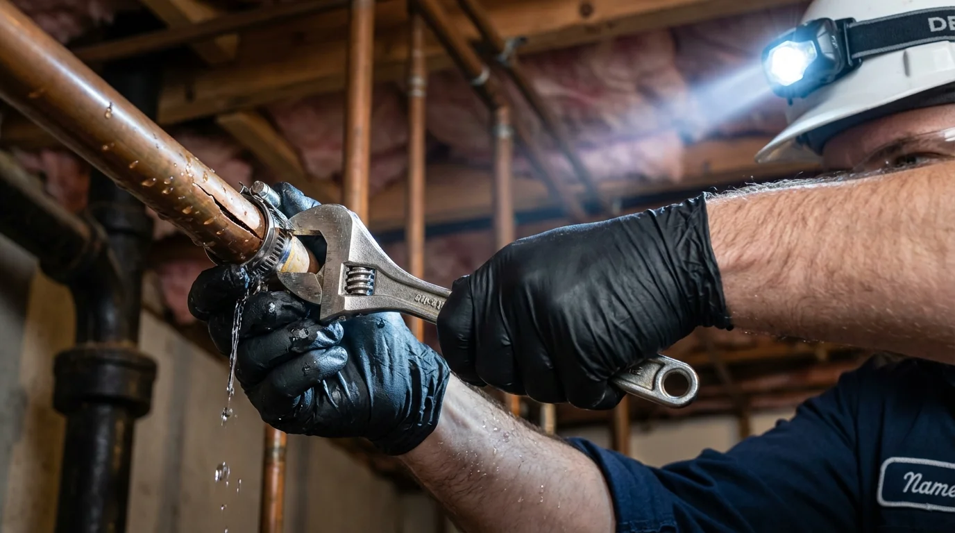 Emergency pipe clamp repair being performed by a Johns Plumbing LLC plumber in Ellensburg