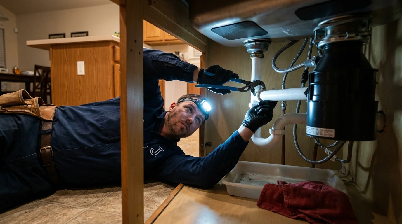P-trap and supply line connections under a kitchen sink showing a common leak point in Ellensburg, WA